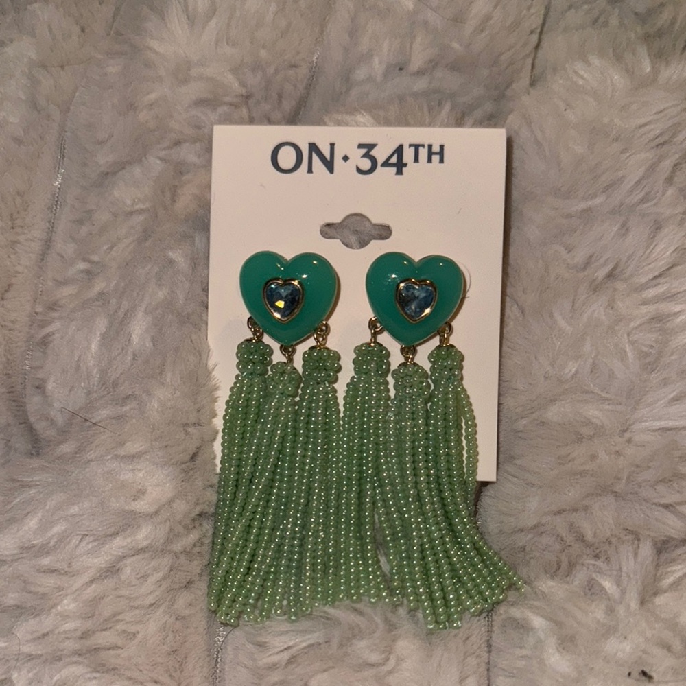 Green Heart Tassel Earrings